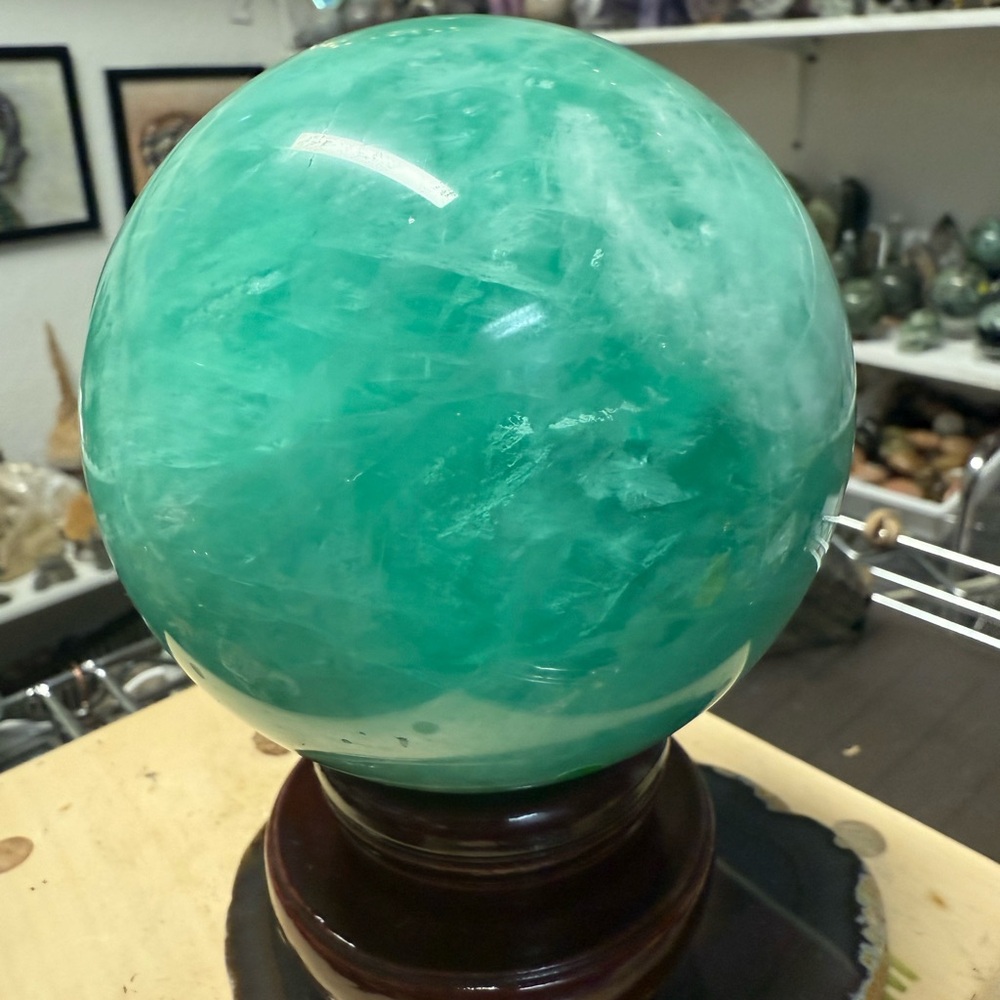 Beautiful emerald green fluorite sphere with base 3.12 lbs, 104 mm